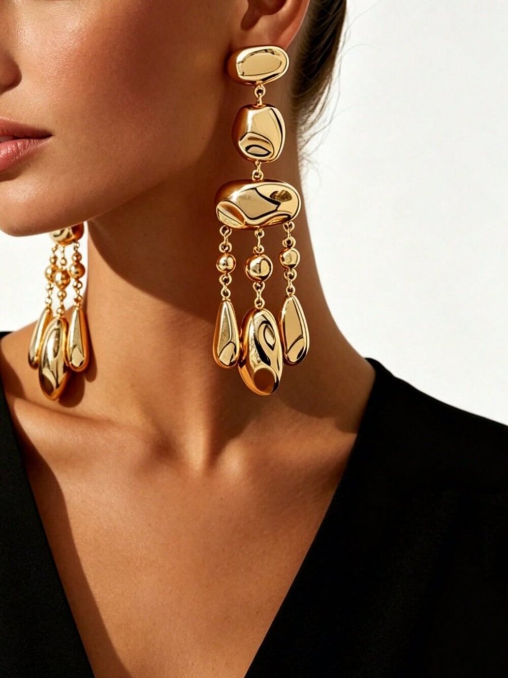Yellow Gold Casual Shiny Women's Geometric Asymmetrical Long Earrings
